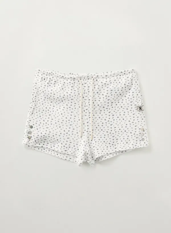 (W) Button Up Flower Jersey Shorts - White