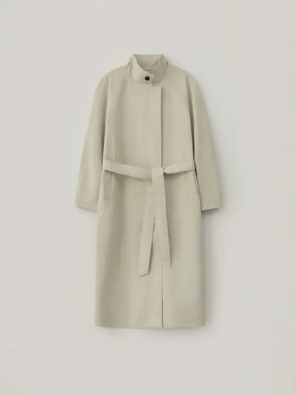 High Neck Cotton Balmacaan Coat - Light Beige