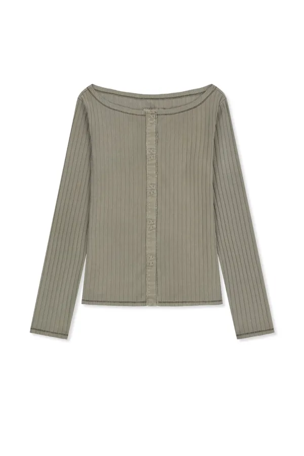 VINTAGE WASHED RIBBED SNAP TOP IN LIGHT KHAKI