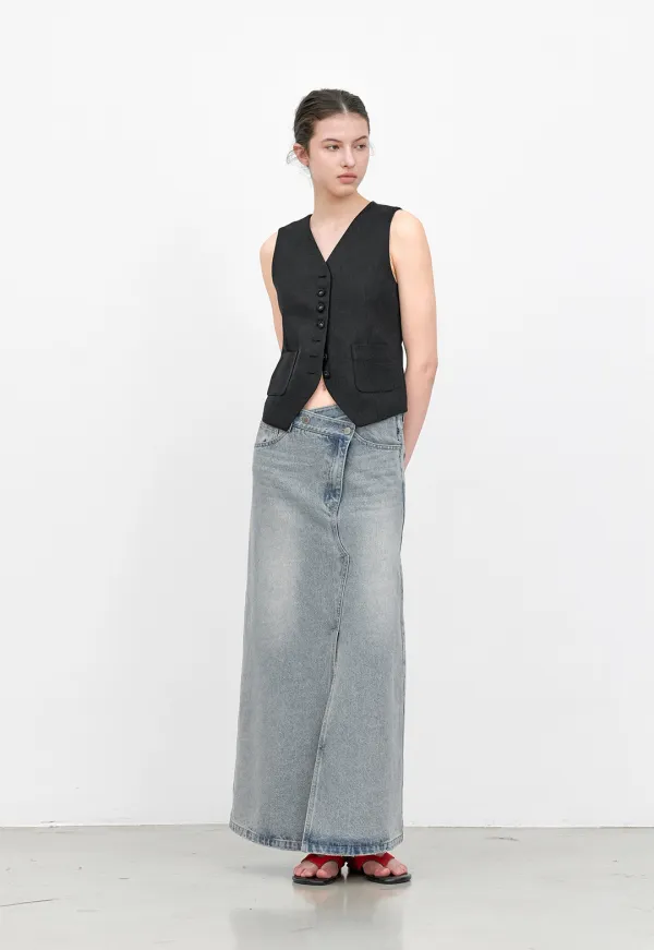 (SK-5096)UNBALANCED DENIM MAXI SKIRT