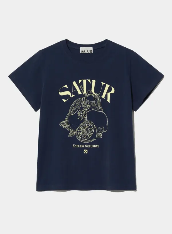 (W) Capri Citron Drawing Summer Graphic T-Shirt - Sunset Navy
