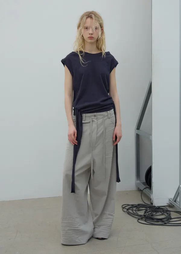 CRINKLE DETAIL WIDE TROUSERS (LIGHT BEIGE)