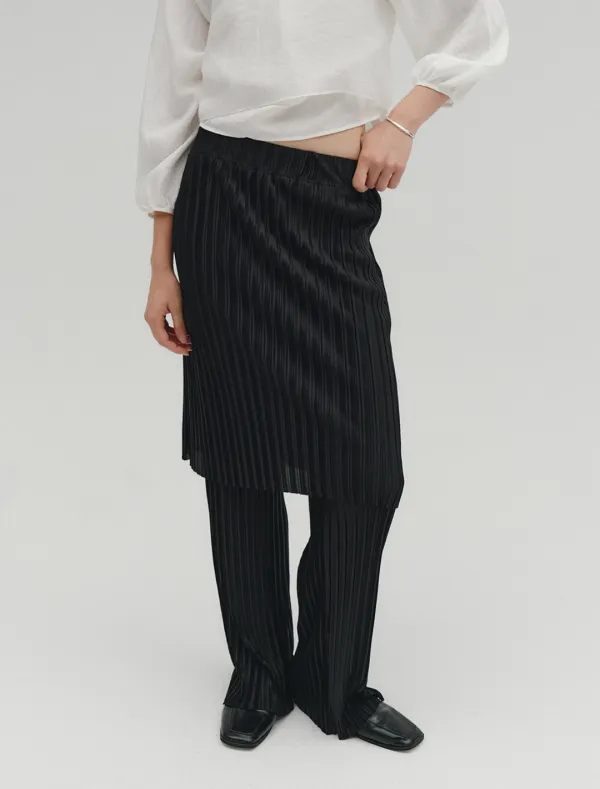 SATIN PLEATS SKIRT PANTS [BLACK]