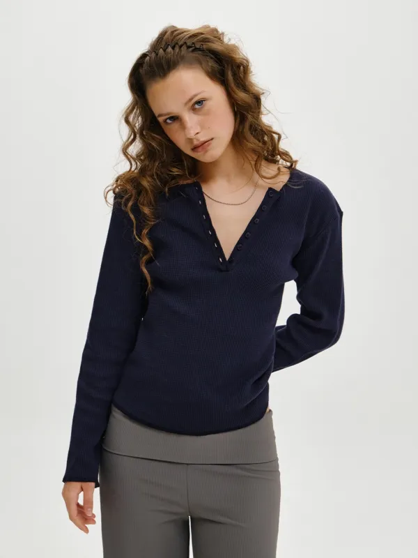 [PLZPROJECT]REGULAR WAFFLE HENLEY LONG SLEEVE, NAVY
