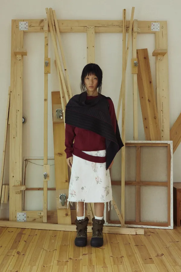 PRINTED PANEL DENIM SKIRT OFF WHITE