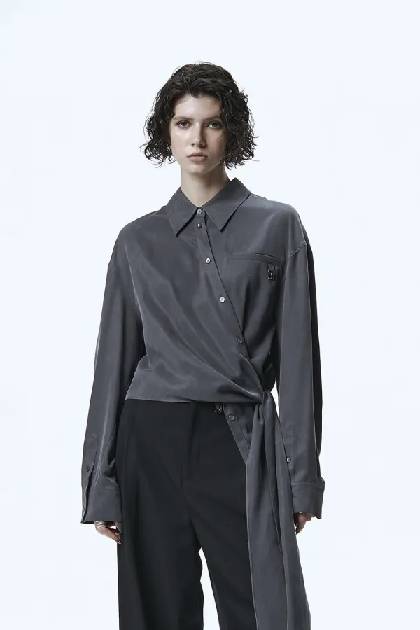 Asymmetric Wrap Tie Shirt [ Gray ]