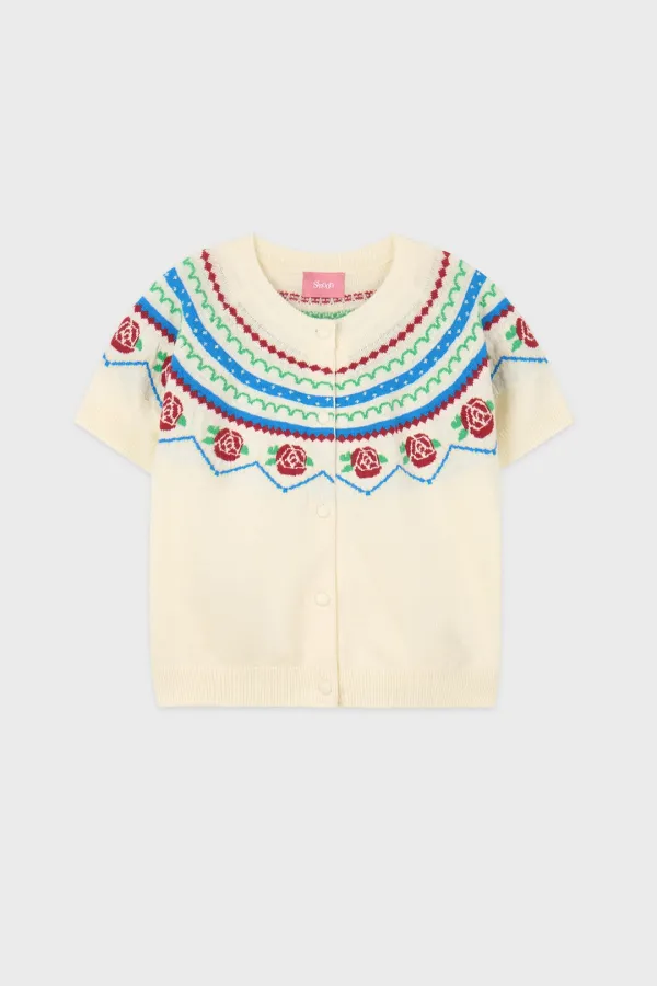Rose Jacquard Short-Sleeve Cardigan (Ivory)
