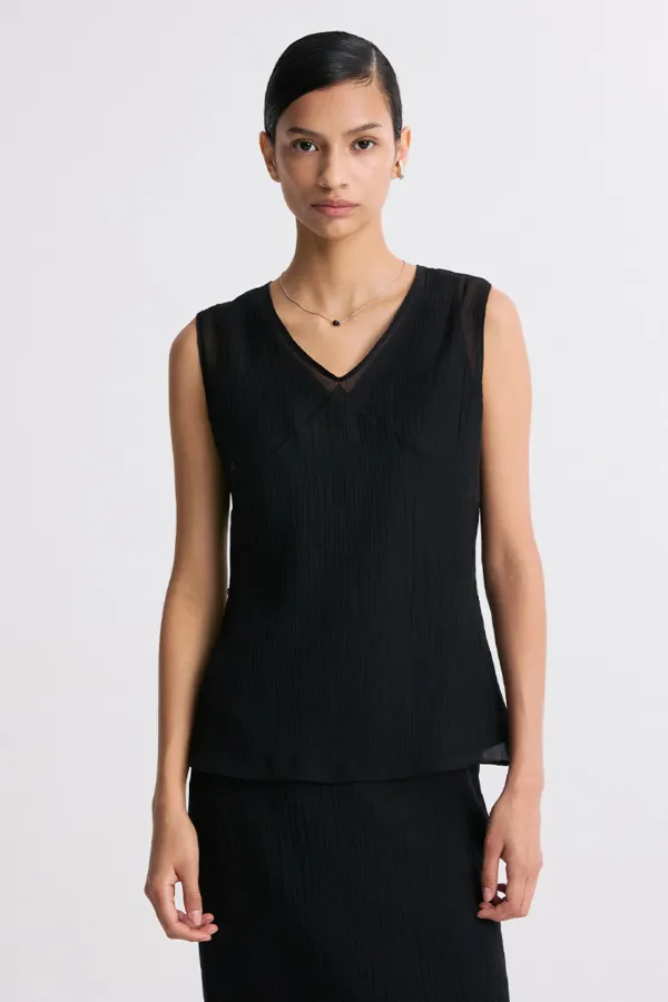 LAYERED DETAIL SHEER SLEEVELESS TOP BLACK