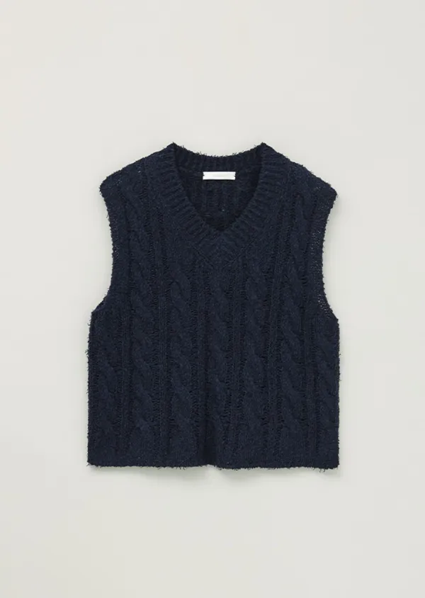 [10%] cable cotton blended knit vest-navy