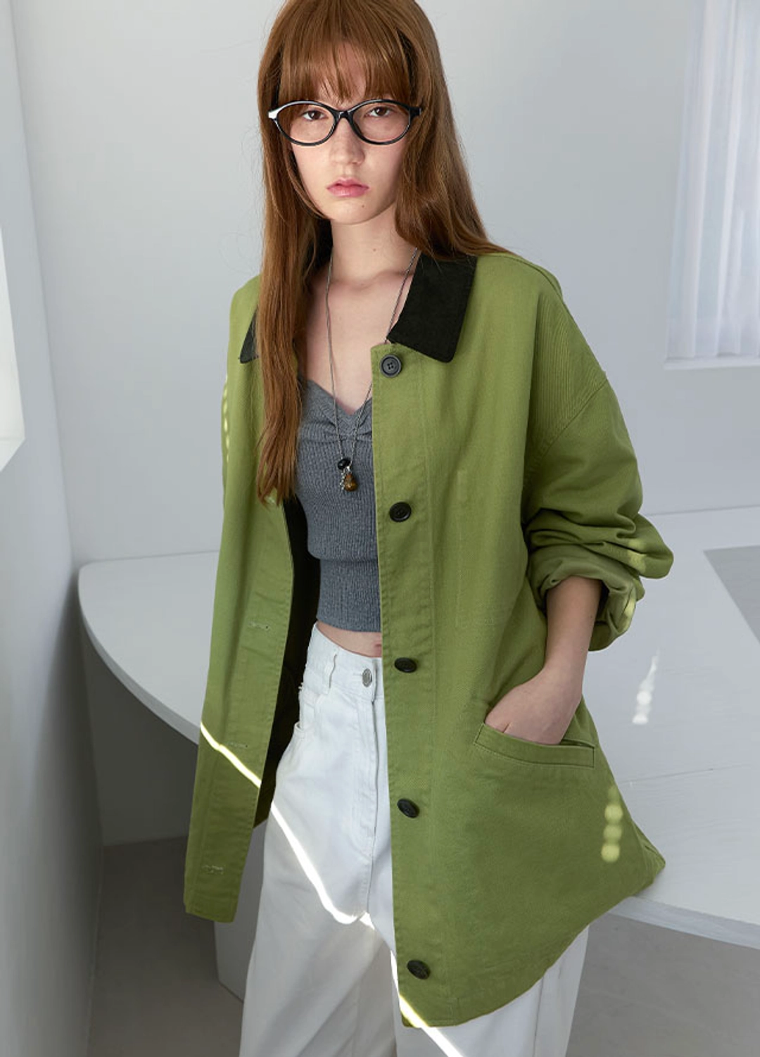 아뜰리에 나인 (CT-1478)STITCH COUDUROY COLLAR OLIVE JACKET 상품 이미지 2