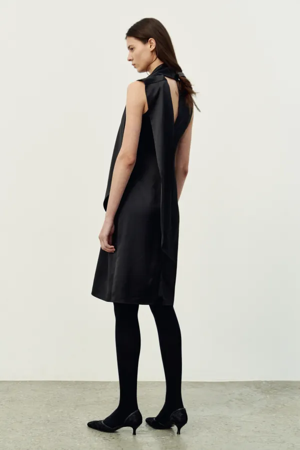CAPE SILKY SCARF DRESS / BLACK