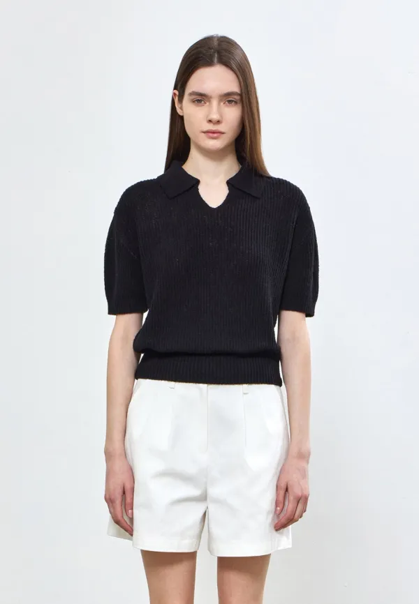 OPEN COLLAR KNIT TOP - BLACK