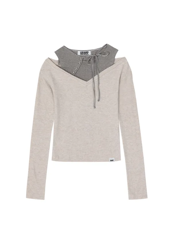 [Last one] STRIPE LAYERED V-NECK KNIT_BEIGE