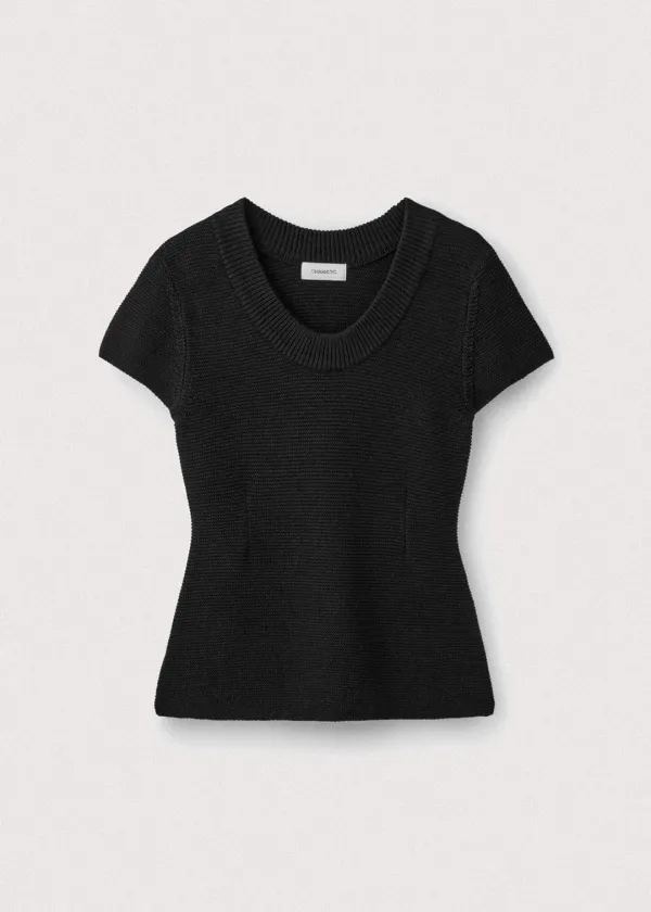Korean paper yarn cap sleeve u neck pullover_Black
