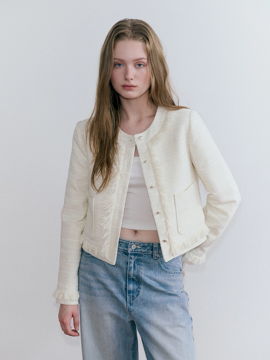 에트몽 Fringe Trimmed Tweed Jacket, Ivory 상품 이미지 1