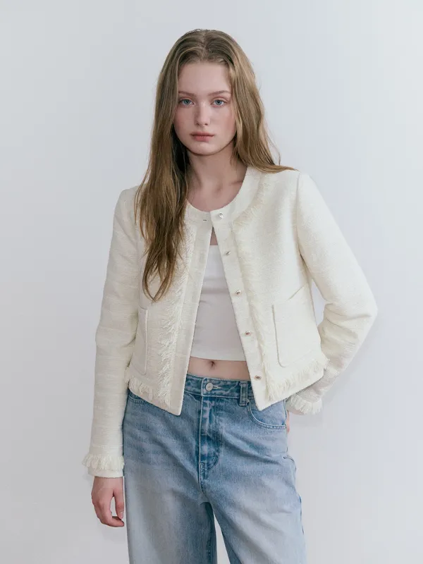 Fringe Trimmed Tweed Jacket, Ivory