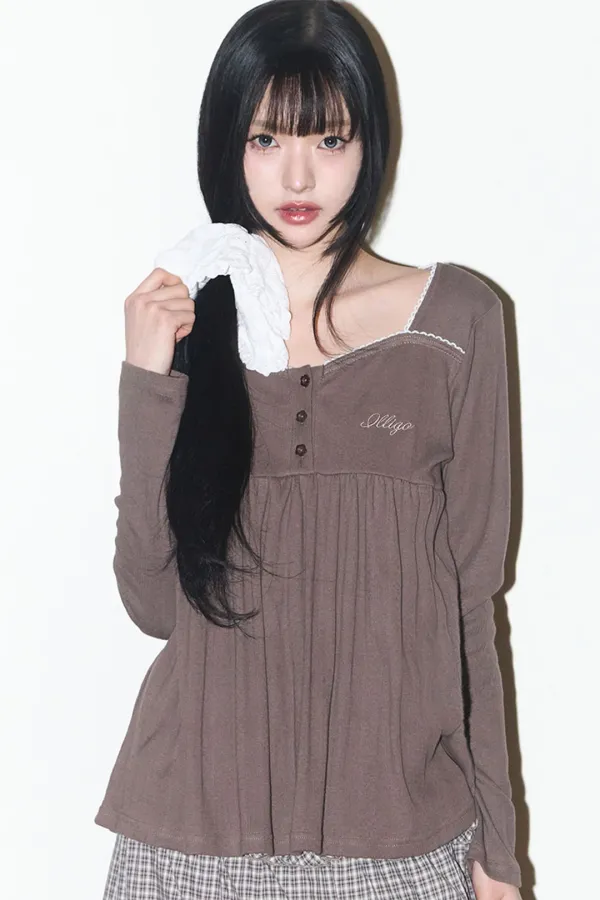플레어 셔링 롱슬리브 브라운