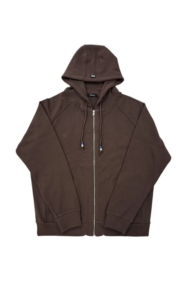 WOOD BEAD WAFFLE ZIP-UP HOODIE (BROWN)