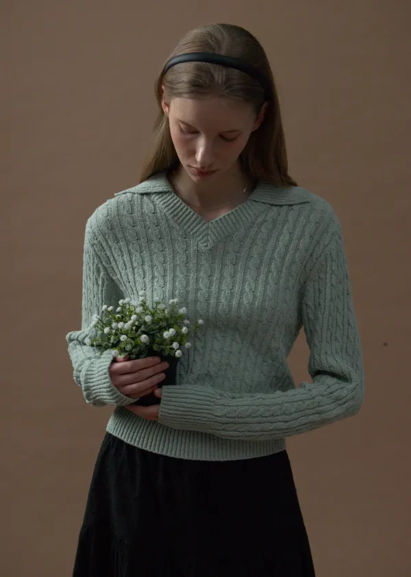 COLLAR CABLE BOUCLE KNIT(natural green)