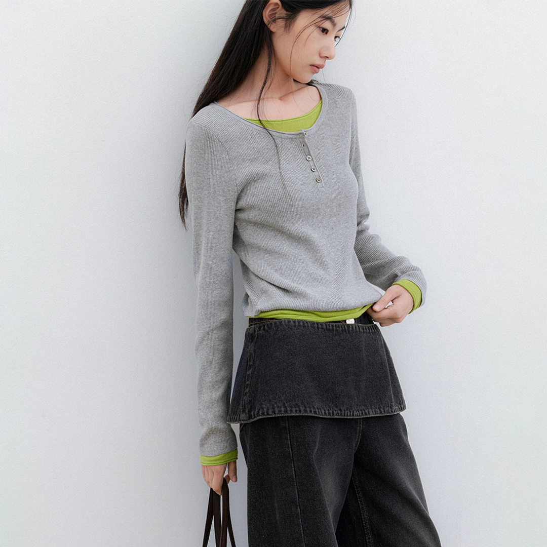 아뜰리에 나인 (T-7293)COLOR-BLOCK HENLEY NECK LAYERED KNIT 상품 이미지 1