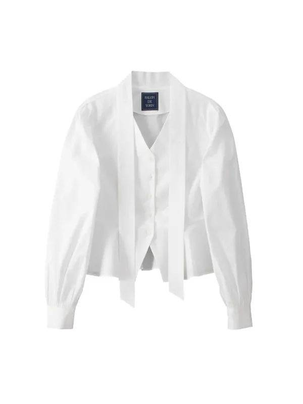 V-neck Tie Cotton Blouse_ White