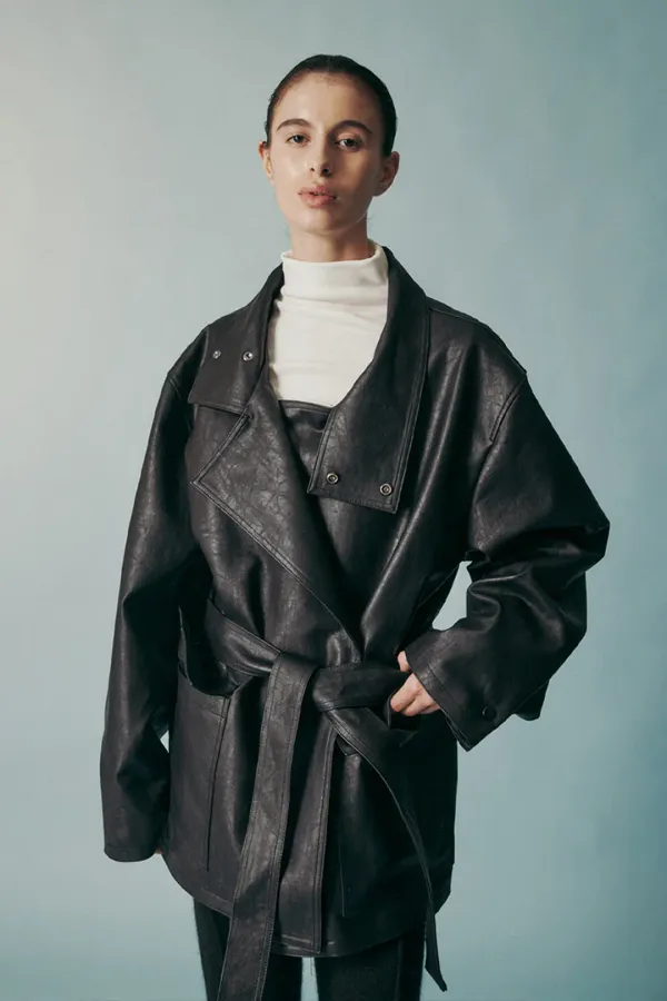 UNISEX FUNNEL NECK TIE WAIST VEGAN LEATHER JACKET