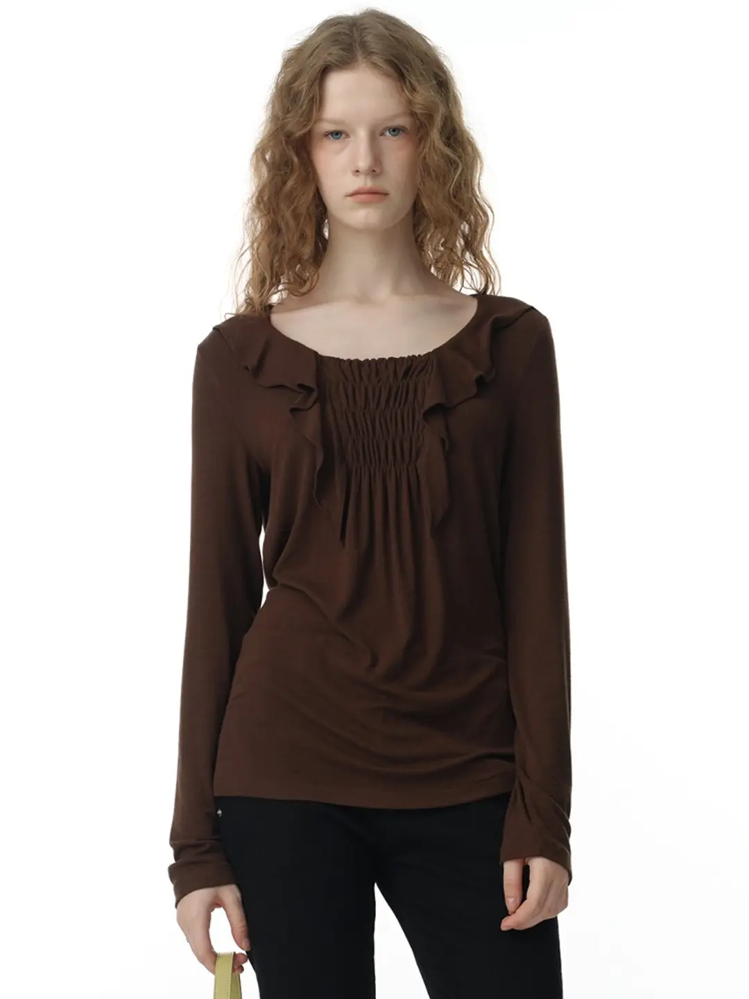 밀로 우먼 Ruffle Shirring T-Shirt [Brown] 상품 이미지 2