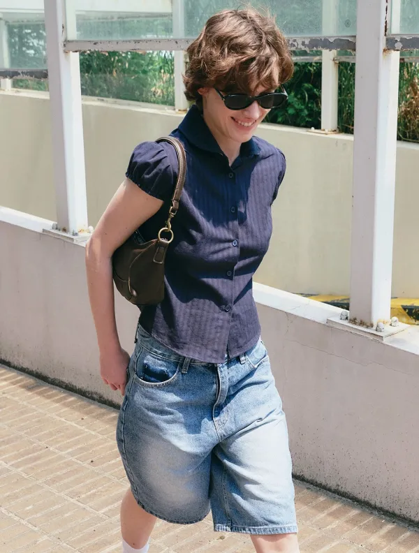 Sheer puff round collar blouse_Navy