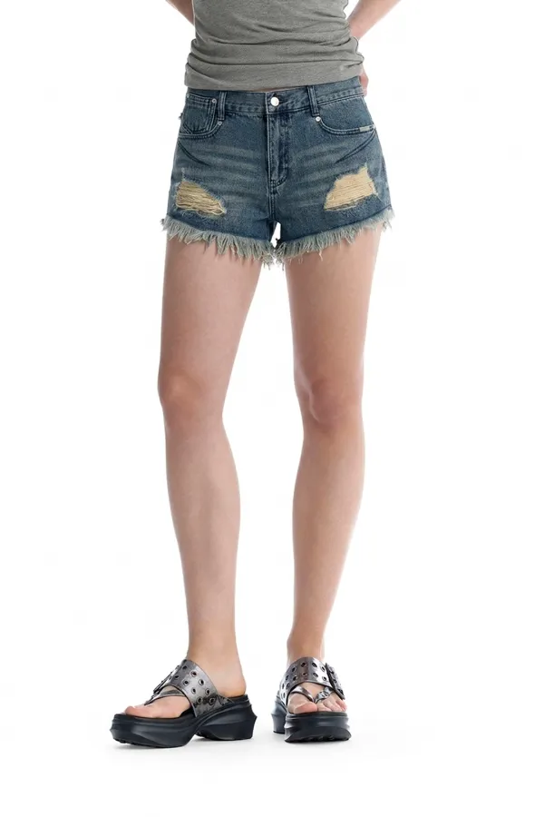 Distressed Denim Cut-Off Shorts [ Blue ]