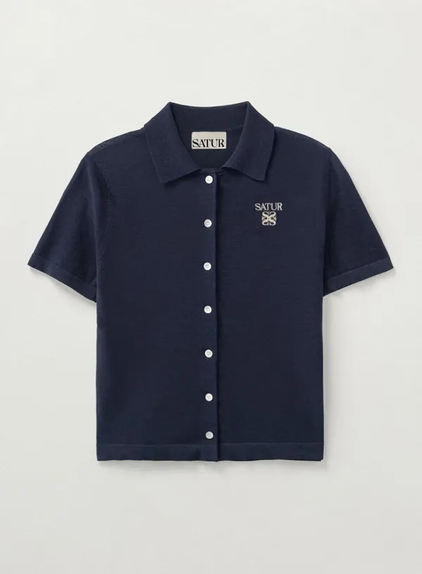 (W) Light Weight Collar Half Cardigan - Navy