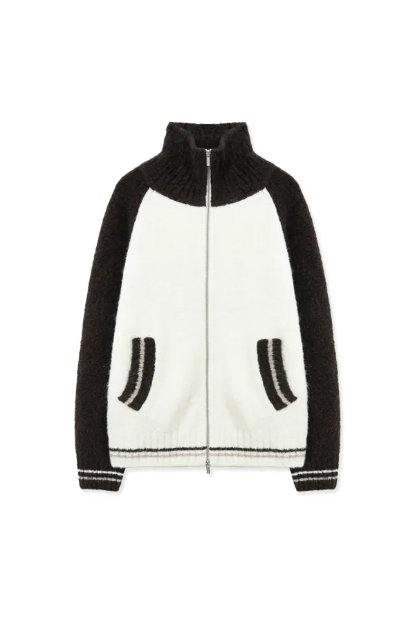HIGH NECK RAGLAN KNIT ZIP UP FOR MEN IN DARK BROWN