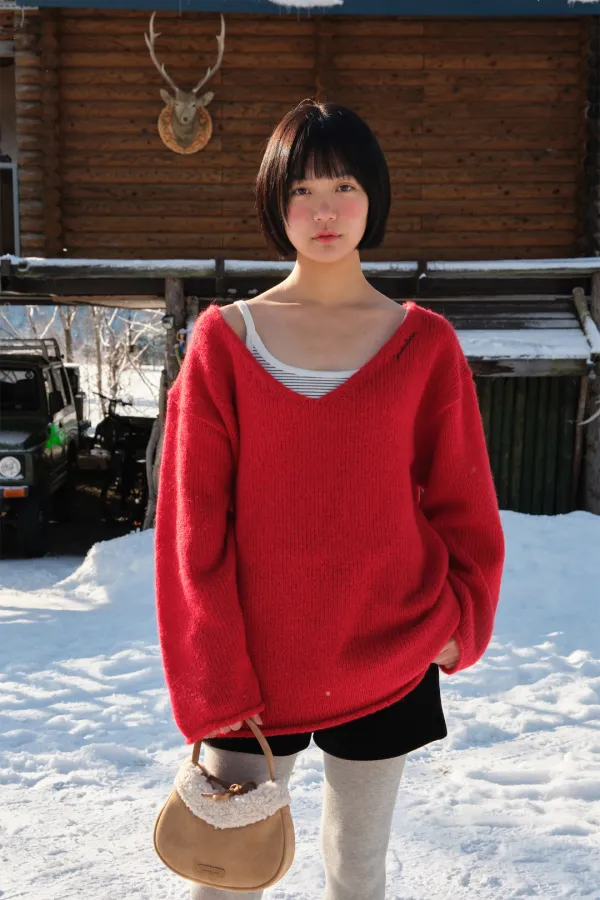 Riss Wool Deep V-Neck Knit - Red