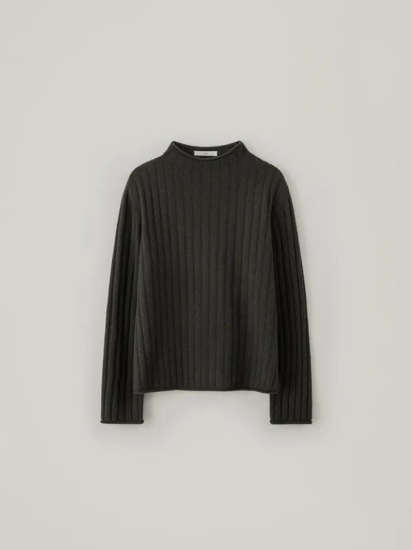 [Cashmere] Mock Neck Ribbed Knit - Deep Khaki