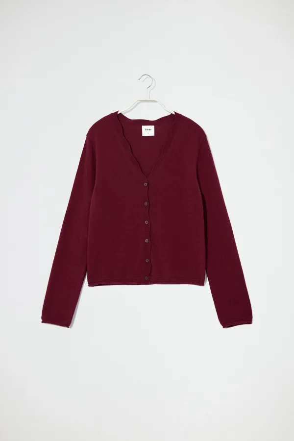 WAVE V NECK WOOL CARDIGAN - WINE