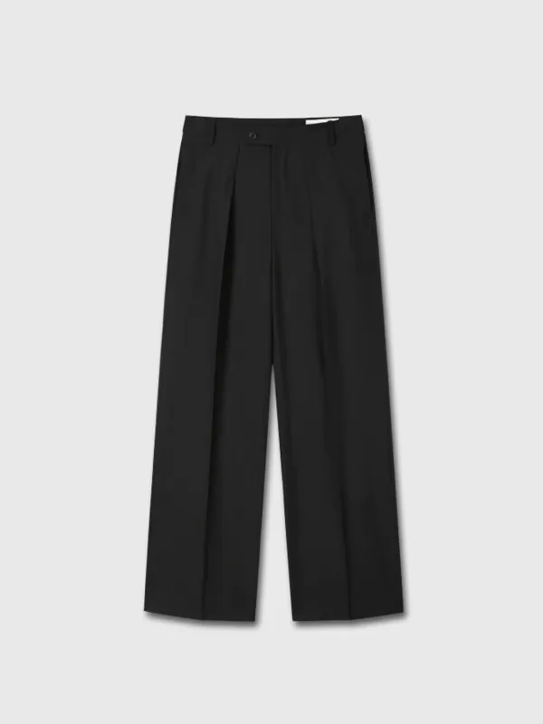 (W) LIGHT WOOL PLEATED WIDE TROUSERS_ BLACK