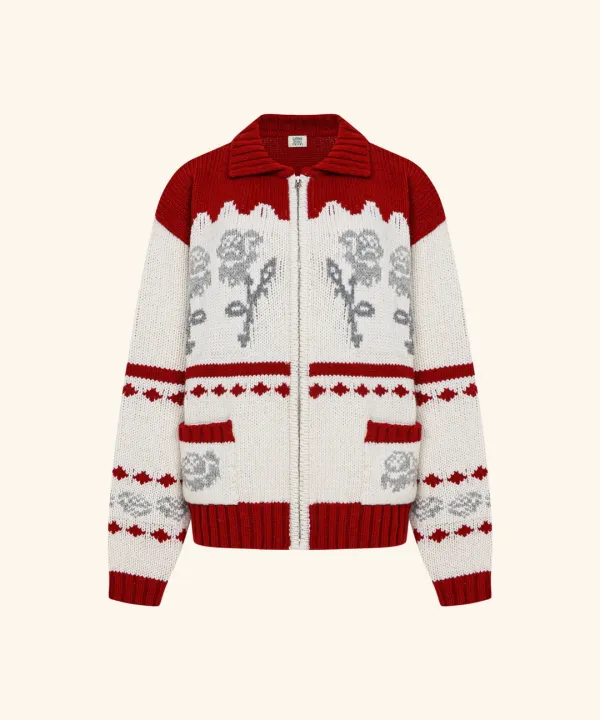 Rose Flower Jacquard Knit Wool Zip-up ( Red )