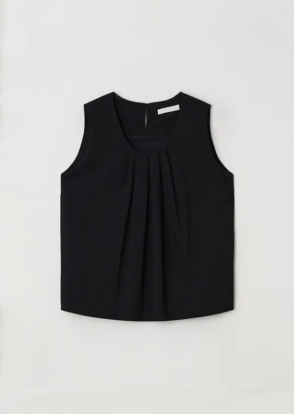 rayon tucked sleeveless top-black