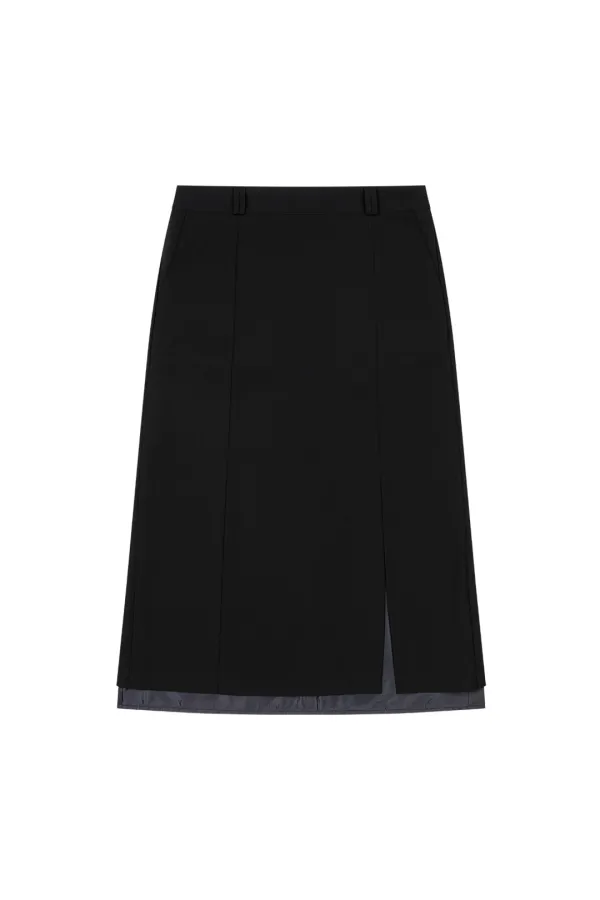 LAYERED SLIT LONG SKIRT, NAVY