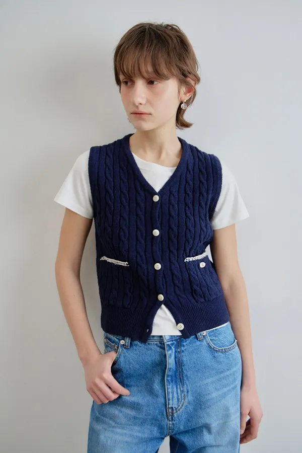 [2nd]Classic cable knit vest  _navy