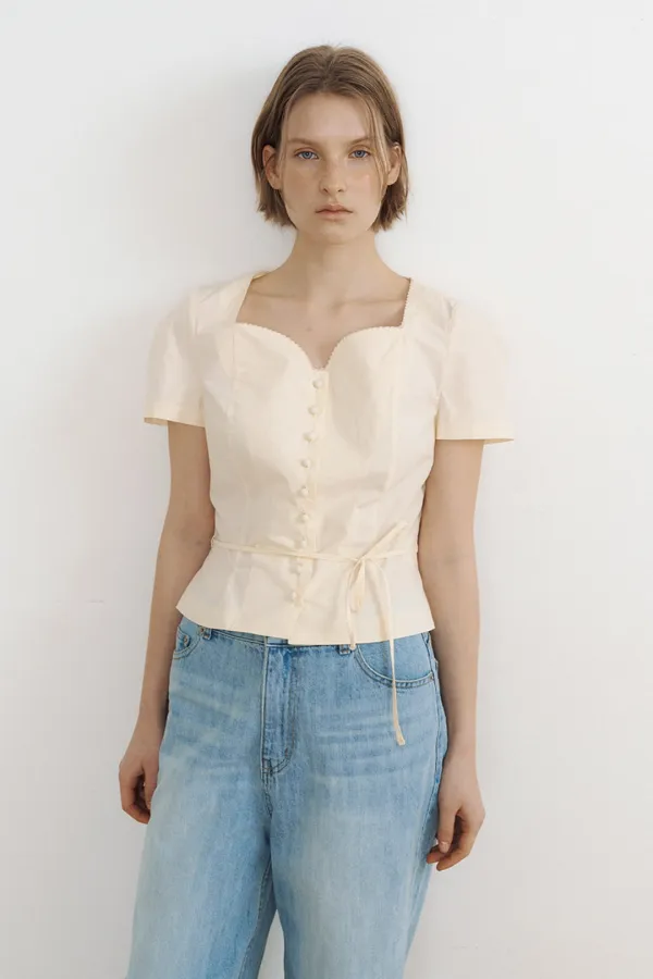 Tulip Neck Embroidered Puff Blouse (soft yellow)