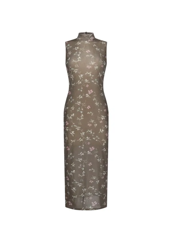 Floral sleeveless dress, Brown