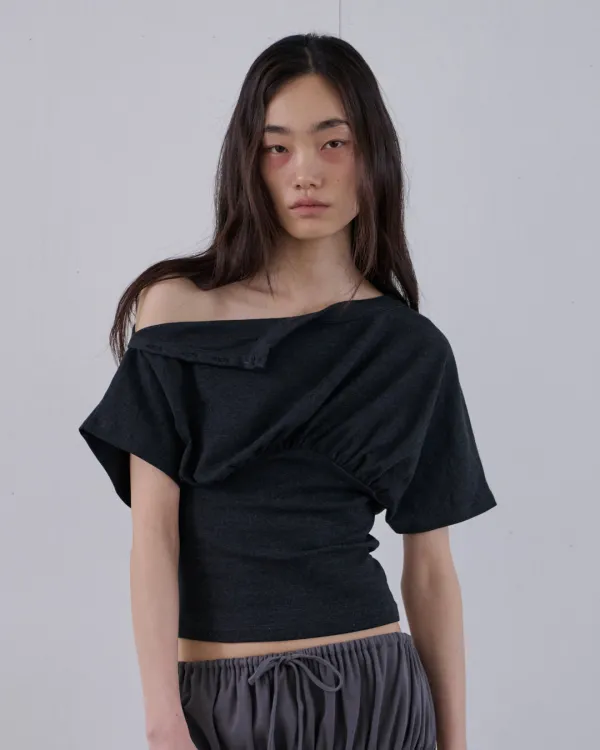 ASYM BUTTON SHOULDER TEE - CHARCOAL
