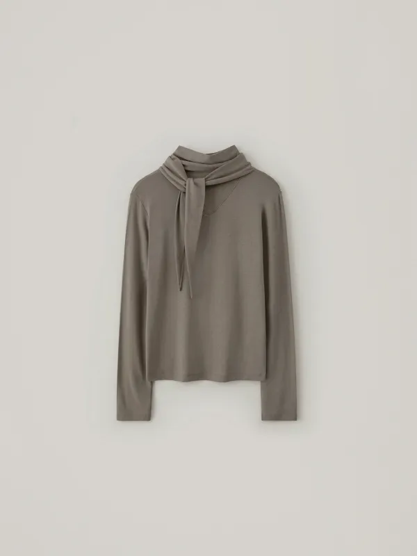 Wool Tie Neck Top - Ash Brown