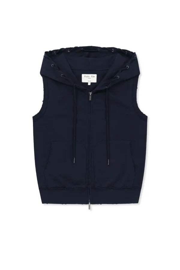 BACK LOGO JERSEY HOOD VEST IN NAVY
