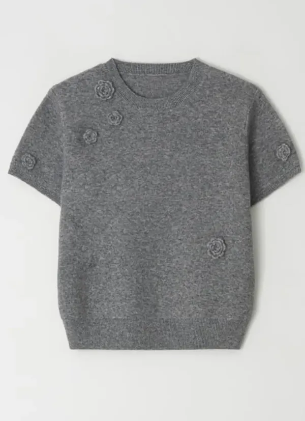 HANDMADE FLOWER SHORT SLEEVE KNIT GREY