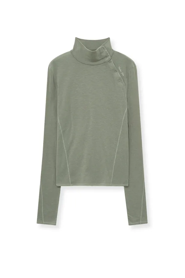 BUTTON SLIT HALF NECK TOP IN BEIGE
