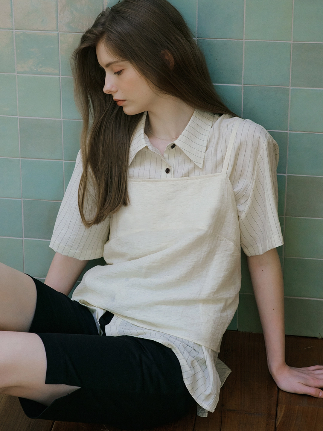 아워코모스 comos 1481 stripe shirt layered bustier set (cream) 상품 이미지 2