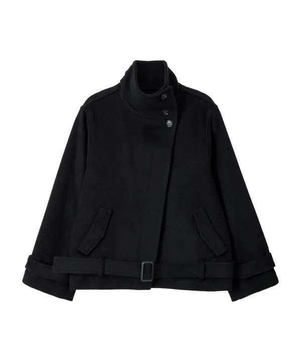 Lovie Wool High Neck Half Coat-Black