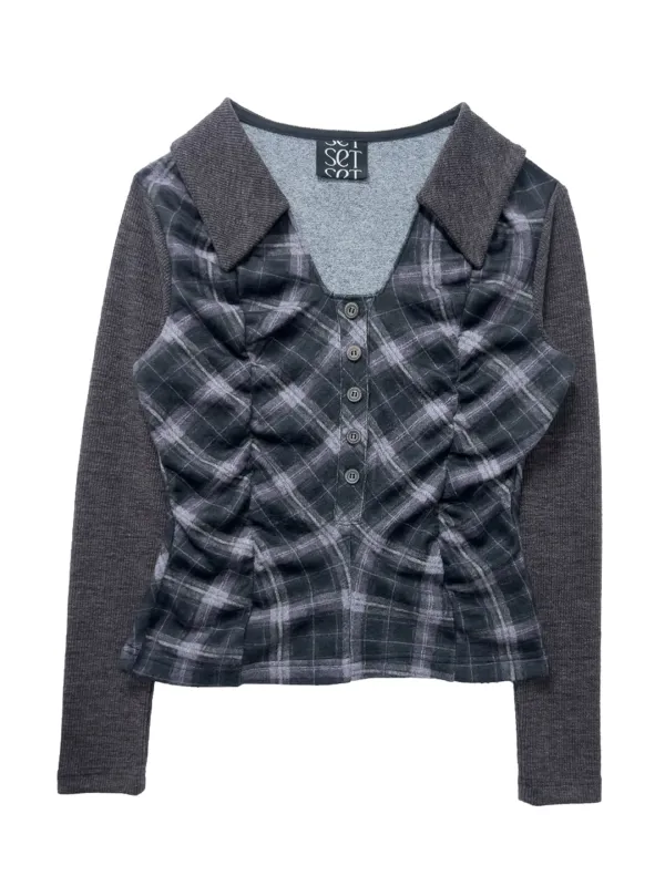 LABYRINTH CHECK SHIRRING TOP DEEP PURPLE