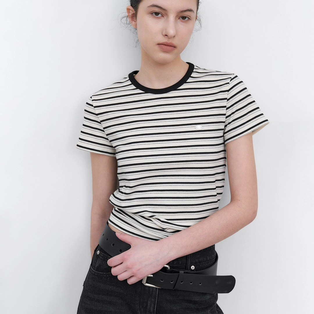 아뜰리에 나인 (T-7163)STRIPE SEMI CROP SLIM TEE 상품 이미지 1